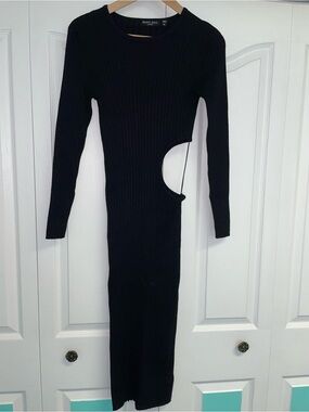 Brave Soul Black Ribbed Long Sleeve Cutout Midi Dress